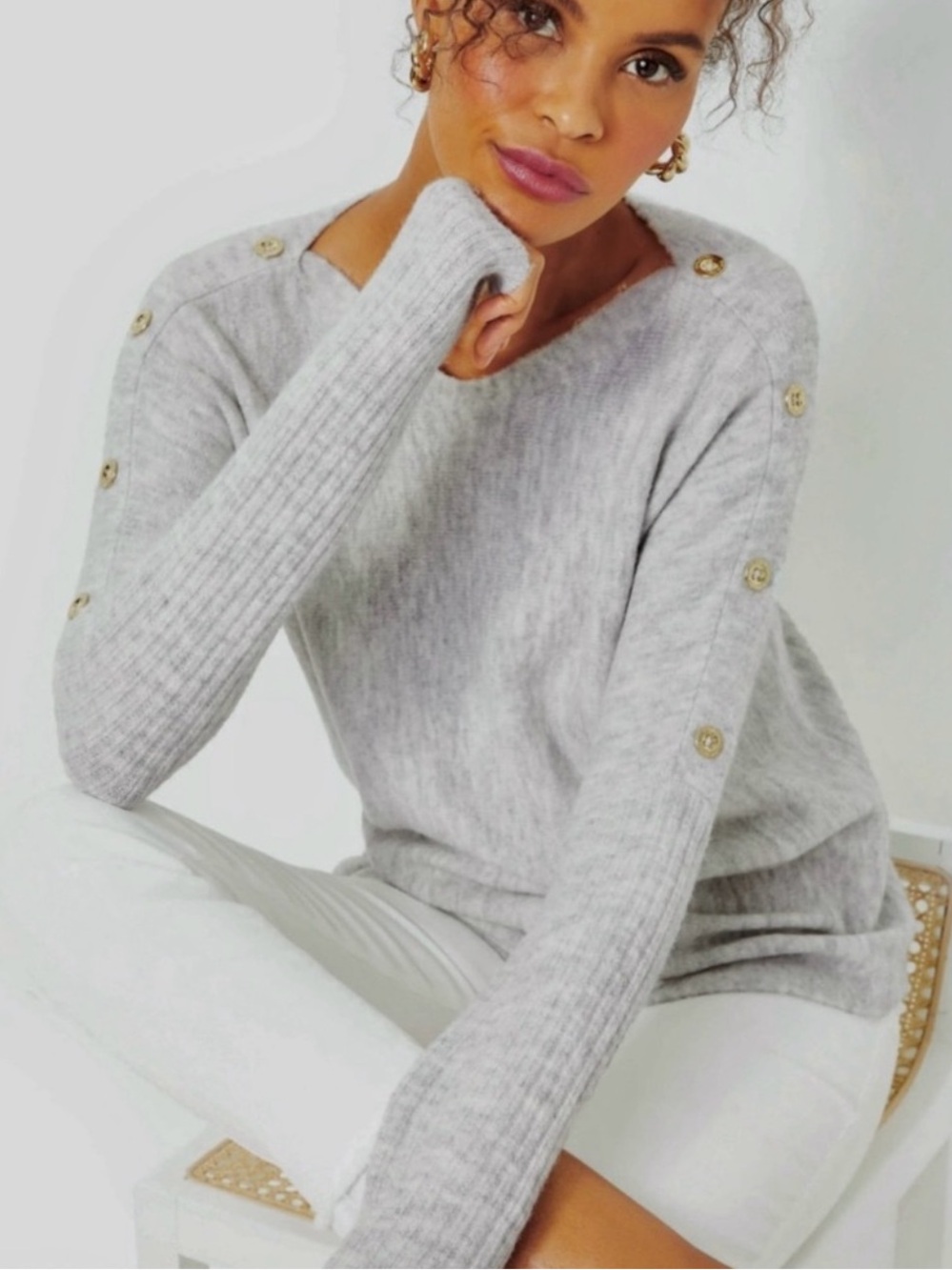 Lilly Pulitzer Arna Sweater Heathered Seaside Gray Gold Button Chic Preppy M